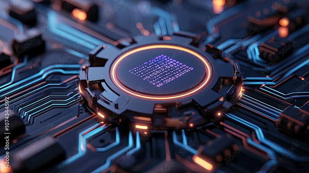 Poster Close-up of a modern circuit board with glowing elements and intricate design.