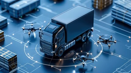 Futuristic Logistics Concept with Delivery Truck and Drones in a Modern Warehouse Setting Featuring Digital Graphics and Cargo Management