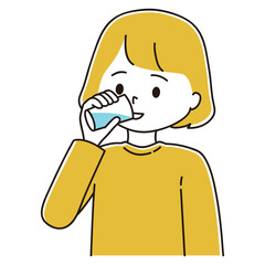 Obraz premium コップで水をごくごく飲む女性のイラスト