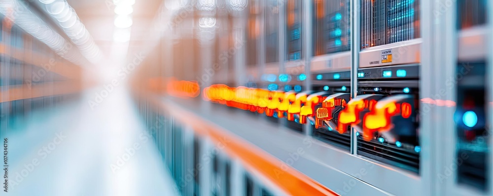 Poster data center with server racks and illuminated lights, modern technology environment.