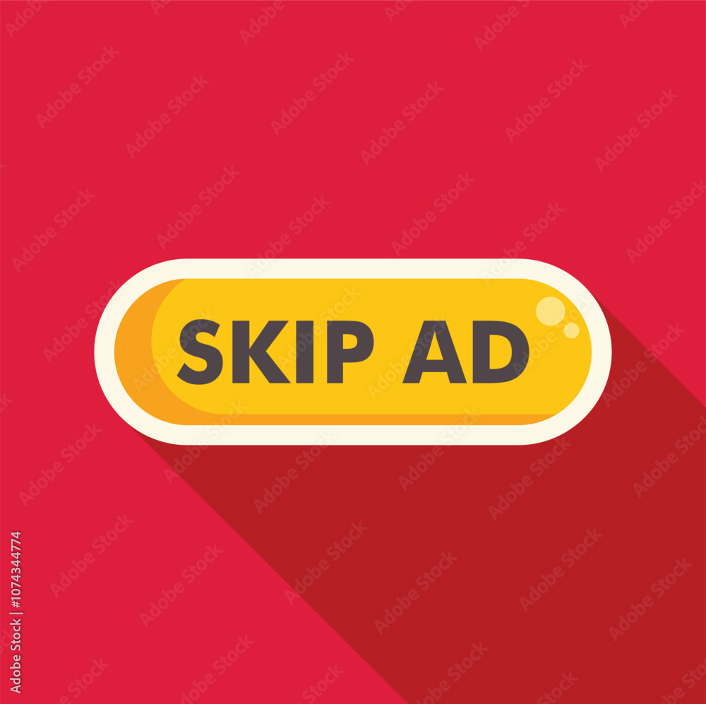Poster yellow skip ad button is inviting user to avoid watching advertisement on red background