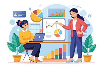 A female coach guides an employee on understanding statistics and data analysis techniques, Female coach teaching employee about statistics using a graph and marketing illustration.