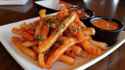 Crispy Fries with Dipping Sauces on a Plate