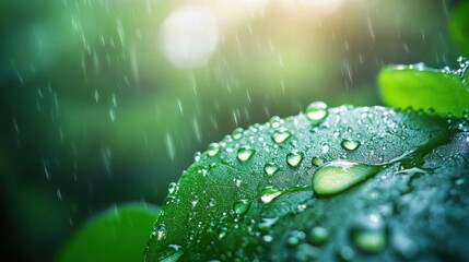 Rain Drops on Green Leaf