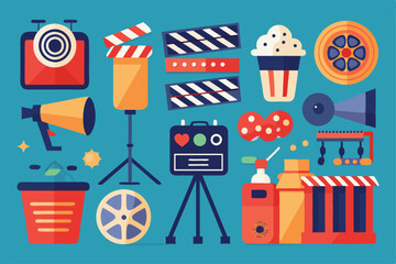 Colorful icons depict essential filmmaking tools including cameras, clappers, and lights arranged artfully, Film making icon set, simple illustrations