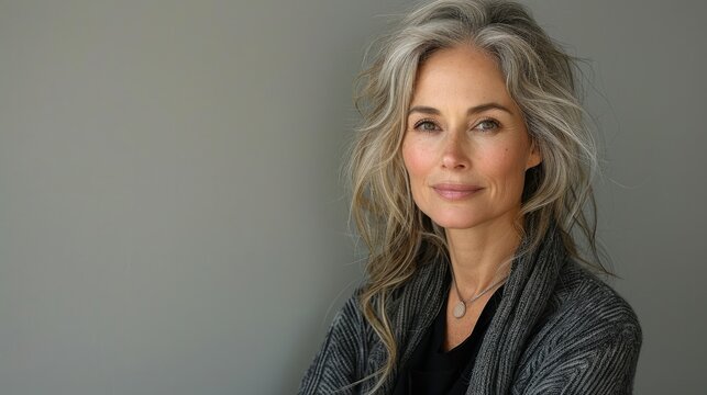 portrait of 60 yo Caucasian woman with long blonde hair on light gray background with copy space.