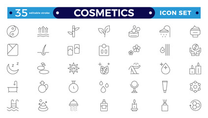 Cosmetics Outline icons set. Moisture cream, acid, anti-wrinkle serum, ceramide, collagen, retinol compound, sunscreen vector illustration. Editable stroke outline icon.