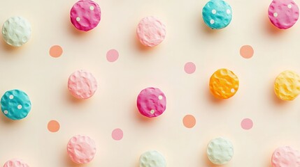 Patterned background with soft pastel polka dots on a light background, adding a playful and cheerful feel