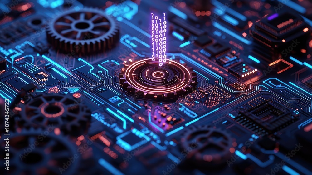Leinwandbilder macro view of electronic circuit with glowing elements and gears.