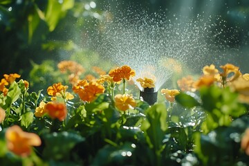Sprinkler Watering Yellow Flowers in Garden - Photo