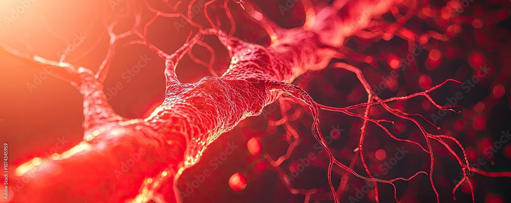 Poster close-up of a neuron structure, showcasing intricate red details against a blurred background.
