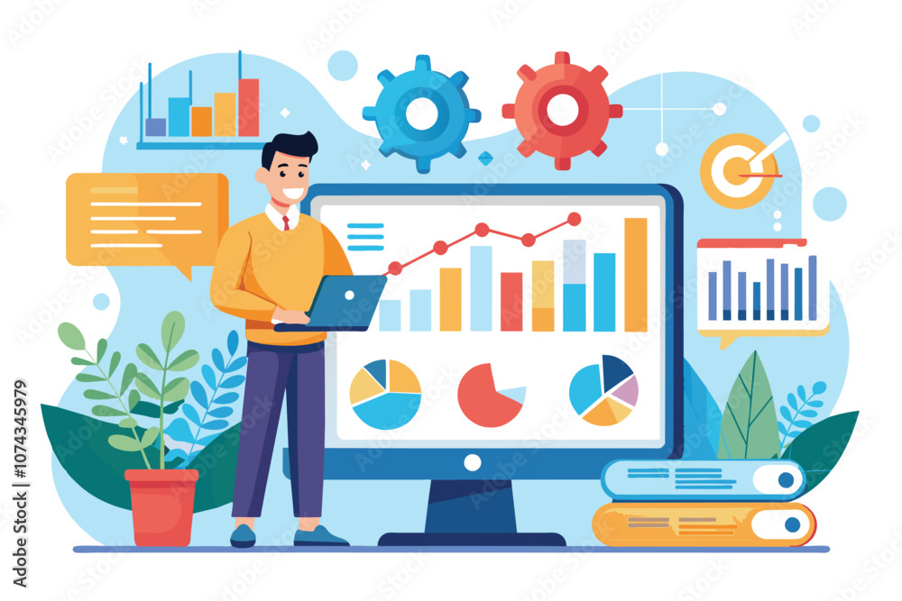 Poster a professional reviews statistical data using a laptop next to colorful charts and graphs on a scree