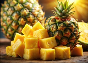 Juicy Pineapple Chunks with Yellow Flesh Closeup - Fresh Tropical Fruit Photography