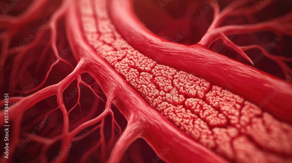 Poster detailed close-up of red blood vessels with intricate textures and patterns.