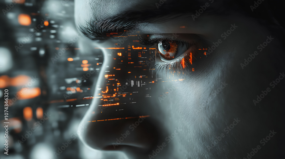 Canvas Prints a man's face is shown with a computer screen behind him. the man's eyes are open and staring at the 
