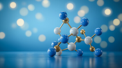 A blue and white molecule is shown on a blue background. The molecule is made up of many small spheres, and it is a model of a molecule. The blue and white colors give the image a sense of calm
