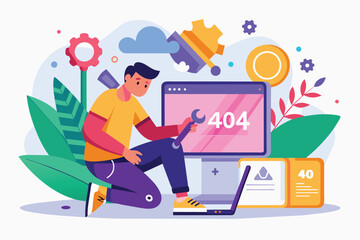 A person is troubleshooting a 404 error using tools beside a computer, surrounded by decorative elements, Fixing 404 error with a flat illustration.