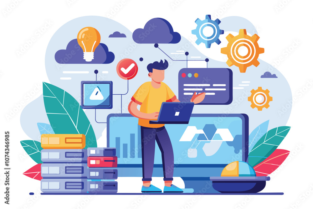 Poster a person addresses cloud computing errors using a laptop in an illustrated tech environment, fixing 