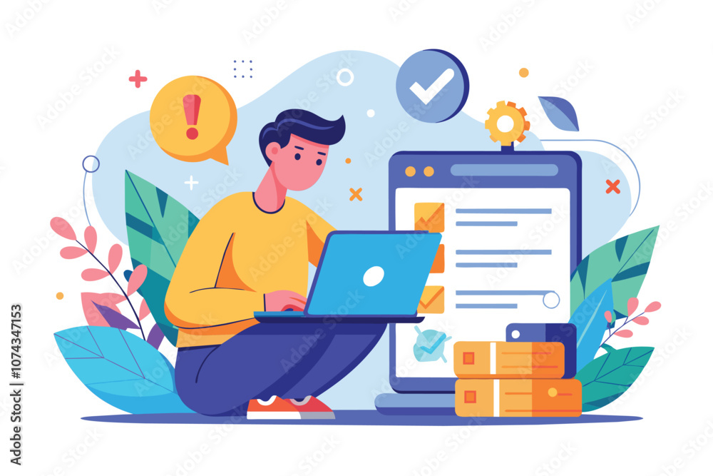 Poster an individual addresses website errors on a laptop while seated in a vibrant and modern workspace, f