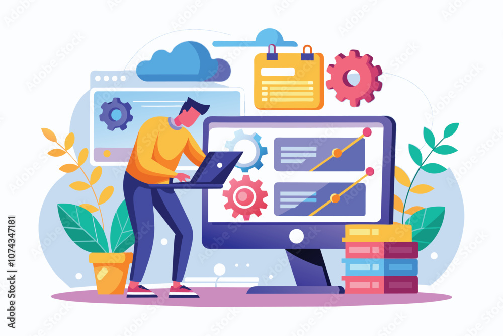 Poster a person works on a laptop, resolving network issues for a website in a dynamic office setting, fixi
