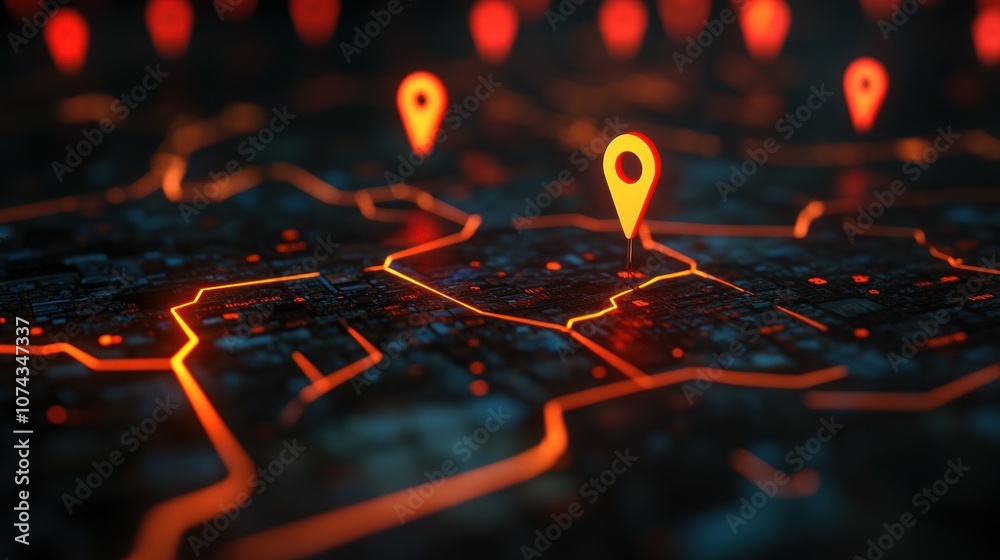 Poster a digital map with glowing location markers indicating specific points of interest.