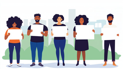 Obraz premium Clean illustration of a unified group of Black individuals with blank signs, ideal for themes of social justice, community support, business teamwork, and marketing or startup ideas