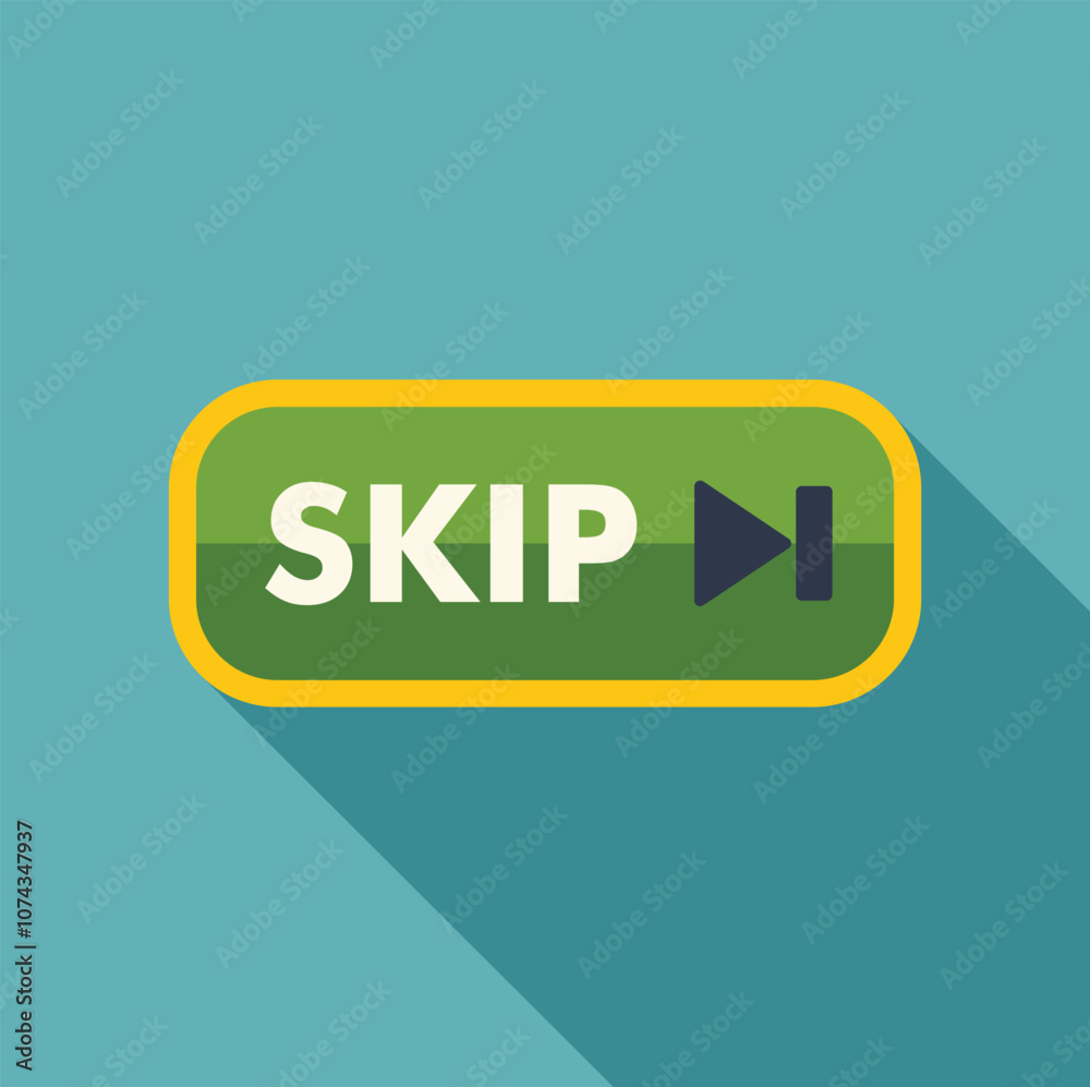 Poster green skip button with forward arrow symbol is displaying on turquoise background