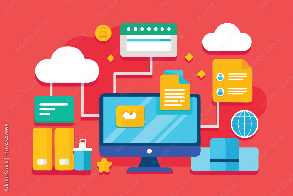 Poster a colorful representation of digital folders, cloud storage, and a computer interface design, flat i