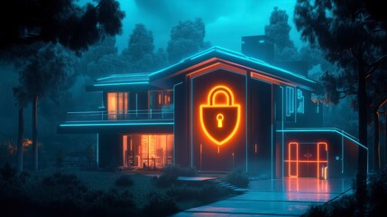 Futuristic House with Neon Security Symbol at Night