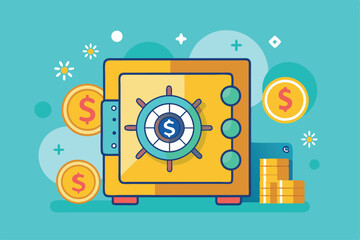 Obraz premium A cheerful illustration shows a dollar safe with coins and vibrant shapes in a playful, modern design, Flat illustration of a dollar safe