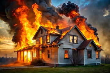 Isolated Burning House on Transparent Background &ndash; Dramatic Fire Scene Perfect for Illustrating Disasters, Emergencies, and Fire Safety in Stock Photography