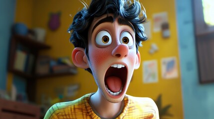 Astonished young man in casual attire with wide open mouth and surprised expression conveying joy and disbelief