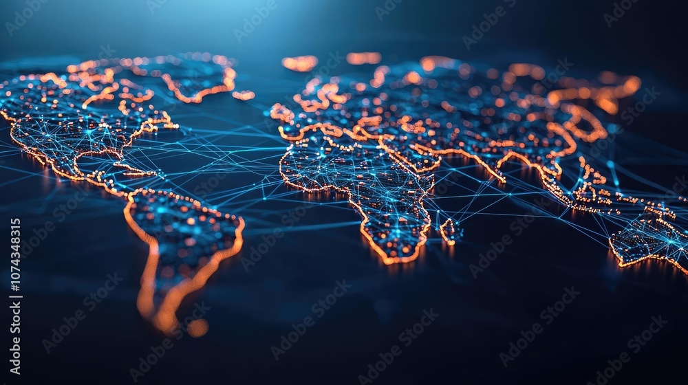 Poster digital world map with glowing connections on a dark background.