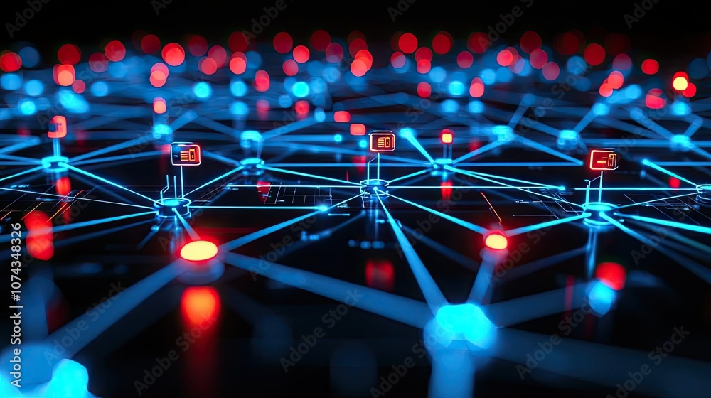 Poster abstract digital network with glowing nodes and connections in blue and red.