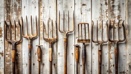 Isolated Old Dirty Pitchforks on a White Background for Unique Architectural Photography and Vintage Farm Equipment Collections