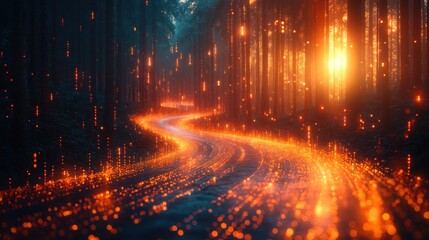 Enchanted forest path illuminated by glowing particles at sunset.