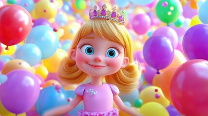 Fototapeta premium Adorable 3D Cartoon Girl with Blonde Hair in a Pink Dress and Princess Crown Surrounded by Colorful Balloons and Festive Decorations