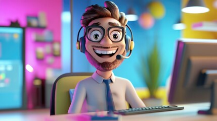 3D cartoon of cheerful male support agent with headset in a vibrant call center office
