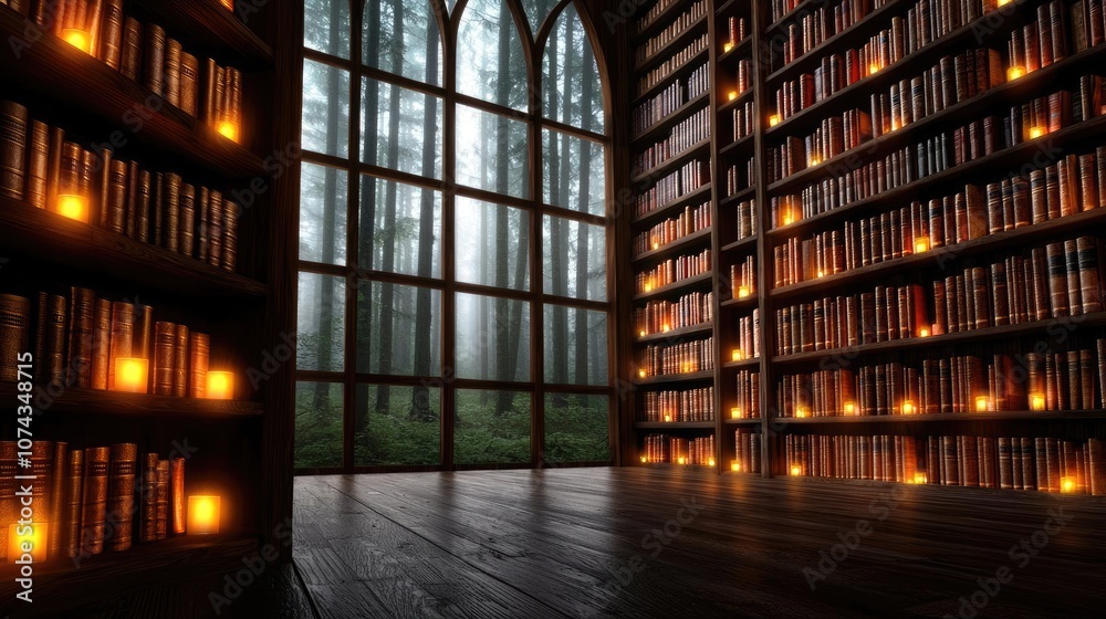 Poster cozy library interior with illuminated bookshelves and a large window displaying nature.