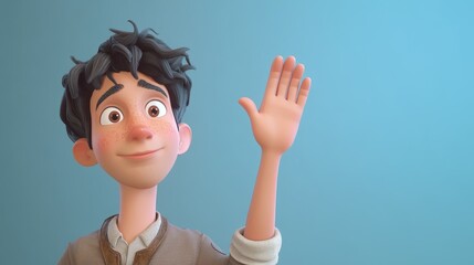 3D Cartoon of a Young Man Raising Hand in Promise of Honesty and Devotion