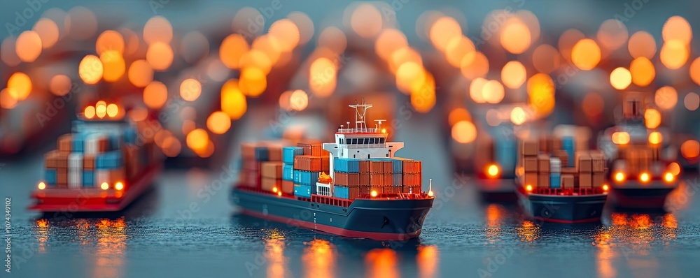 Poster miniature cargo ships with colorful containers on illuminated background.