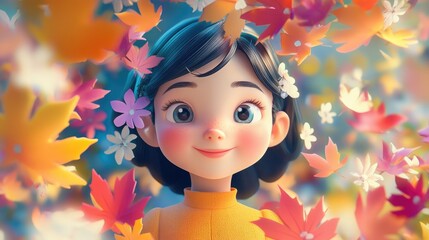 3D cartoon portrait of a cheerful young girl smiling at the camera surrounded by colorful spring leaves