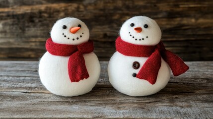 Fototapeta premium Cute Plush Snowmen with Red Scarves on Wooden Surface