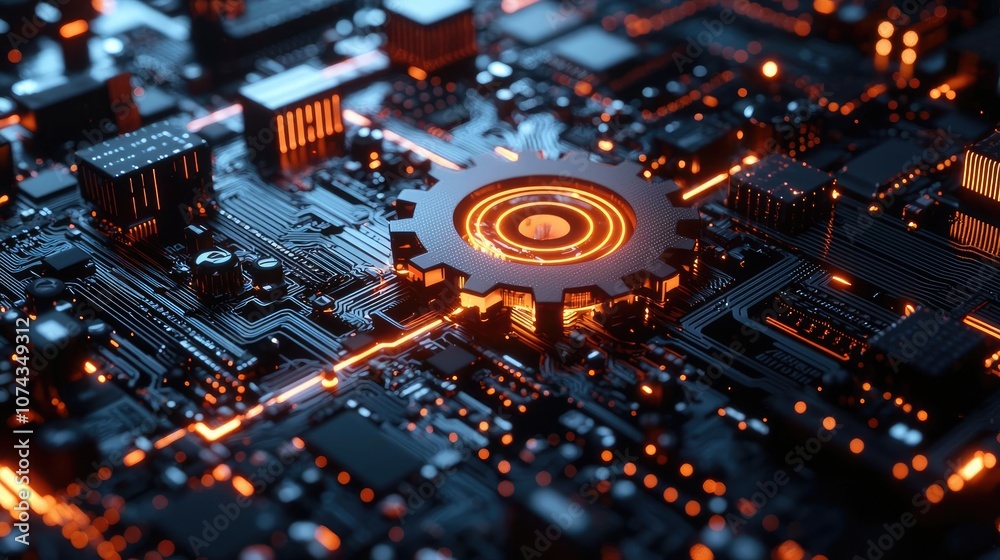 Poster Close-up of a circuit board with glowing elements and intricate details.
