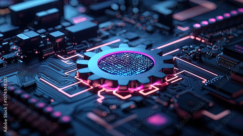 Poster abstract close-up of a gear on a circuit board with neon lighting effects.