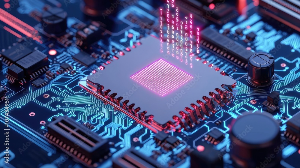 Poster Close-up of a microprocessor on a circuit board with glowing data transfer effect.
