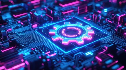 Fototapeta premium Colorful circuit board with illuminated gear symbol, high-tech futuristic design.