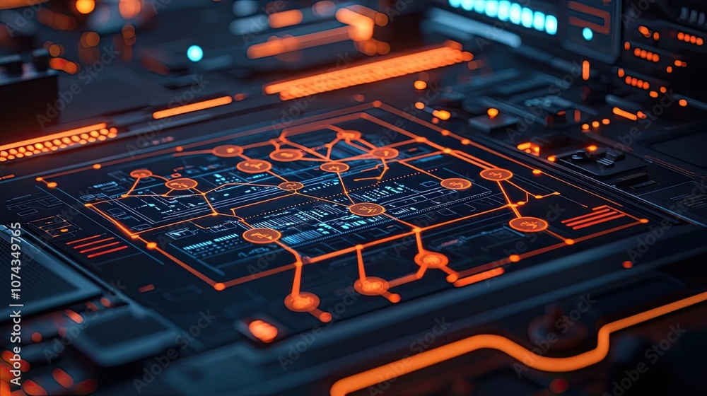 Poster Futuristic circuit board with orange illuminated lines on a dark background.