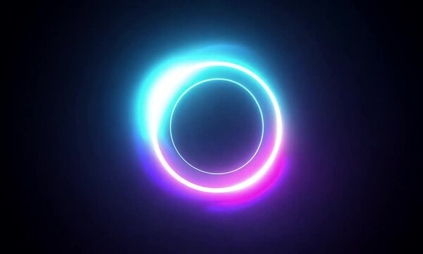 Abstract neon glowing rainbow circles motion graphics on black background. Generative AI