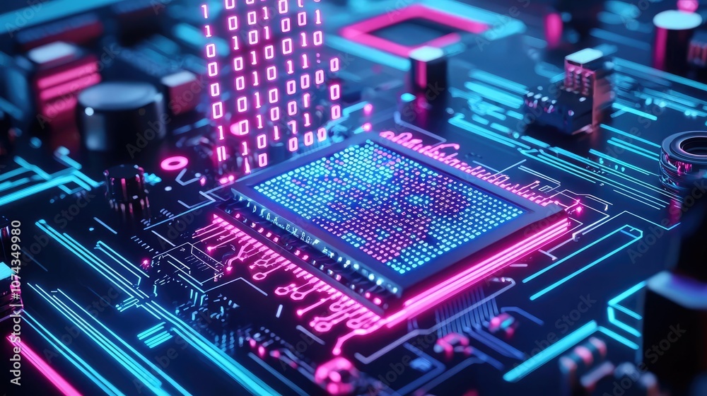 Aufkleber Futuristic microchip on a circuit board with glowing binary code, vibrant neon colors.